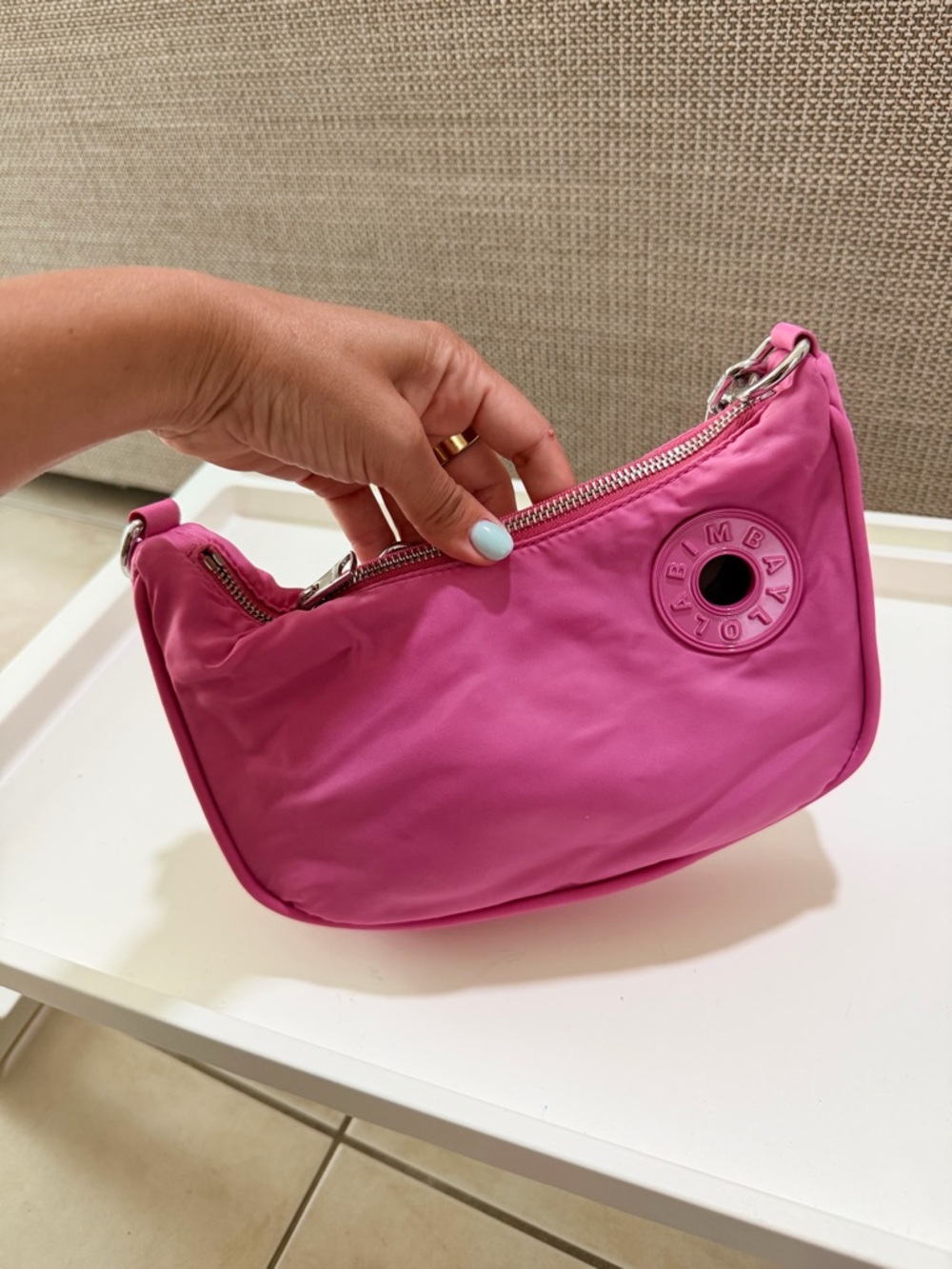 Bright Pink Nylon Shoulder Bag with Round Logo Accent
